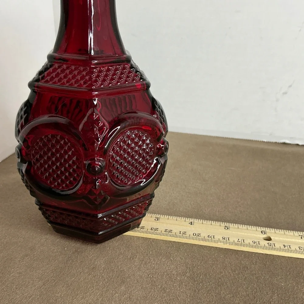 Avon 1876 Cape Cod Ruby Red Glass Vase and Decanter with Stopper Set 2pc Vintage